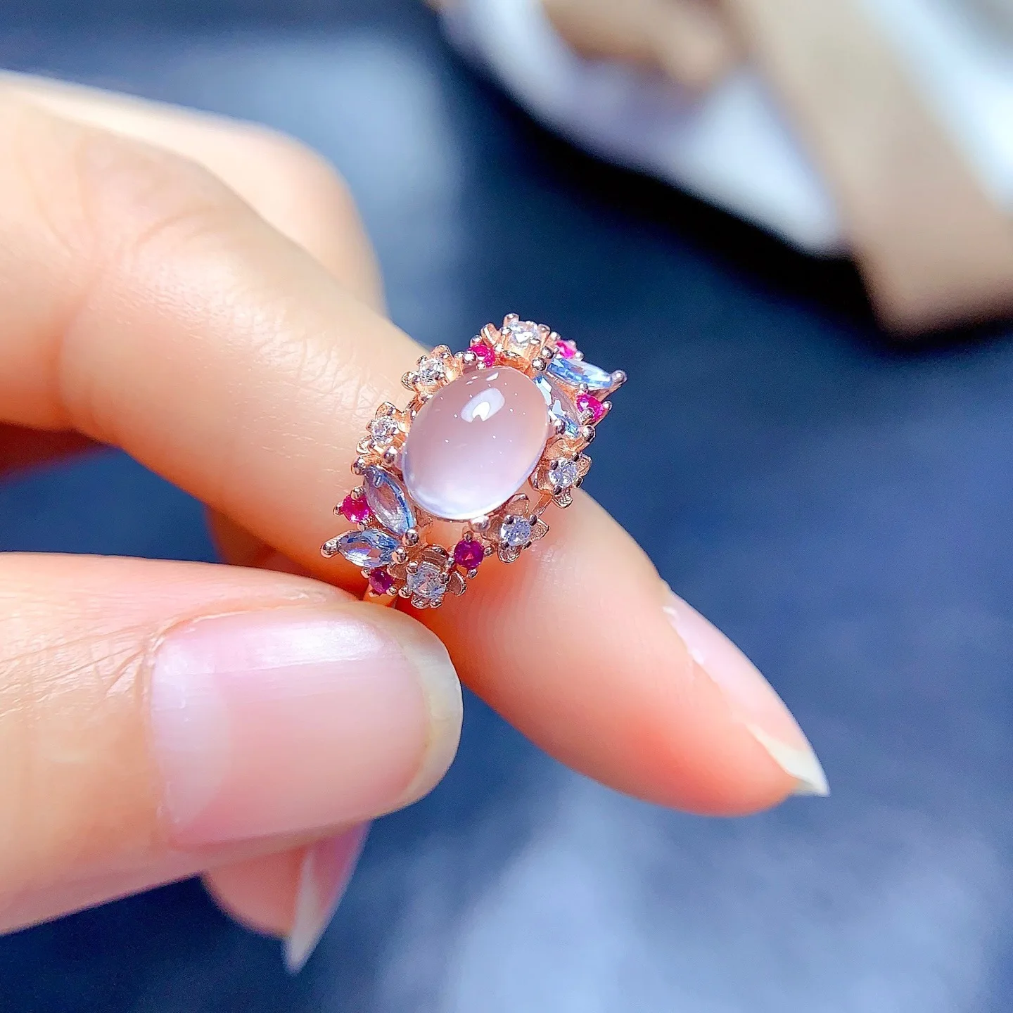 KJJEAXCMY Boutique Jewelry Girls' Natural Pink Crystal Hibiscus Stone Ring 925 Pure Silver Plated Rose Gold Christmas Party Gift