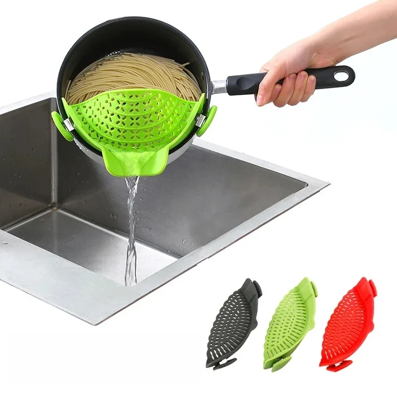 Passoire universelle à Clip en Silicone, passoire Anti-déversement pour pâtes, passoire à fruits de qualité alimentaire pour pâtes, fruits et légumes