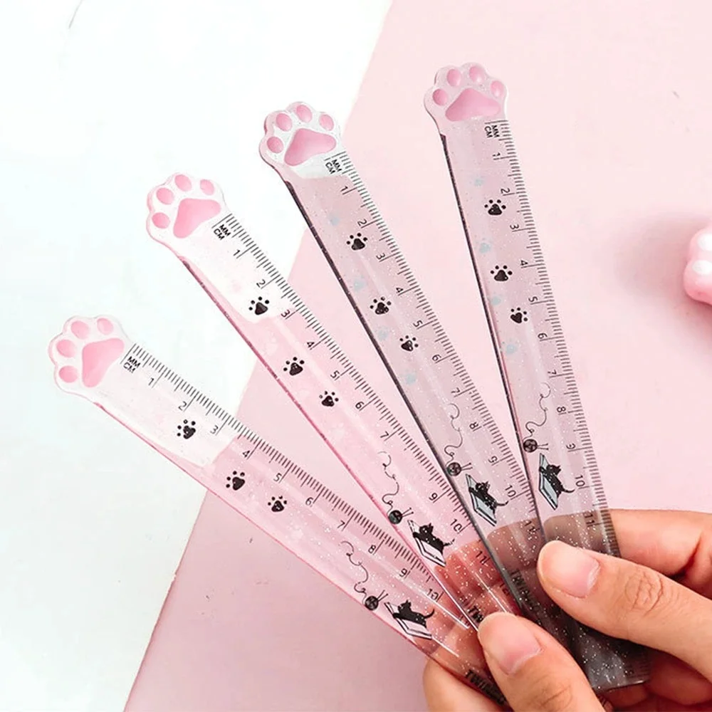 Règle de patte mignonne de 15cm, chatons kawai, règle de mesure droite en plastique acrylique, marque-page, outil de géométrie, papeterie scolaire et de bureau