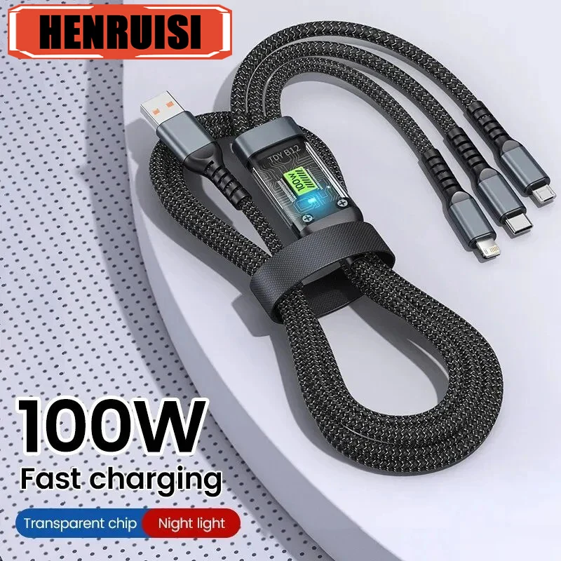 3 In1 100W Data Cable Mobile Phone Charging Cable Fast Charge Braid Type C Data Cable For Android Huawei iphone In Pilot Lamp