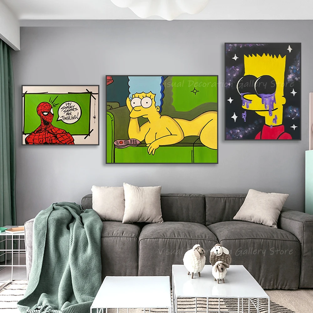 

Disney Hand Drawn Cartoon Poster Simpson and Spider Man Prints Canvas Wall Art Living Room Home Children's Room Decor Painting