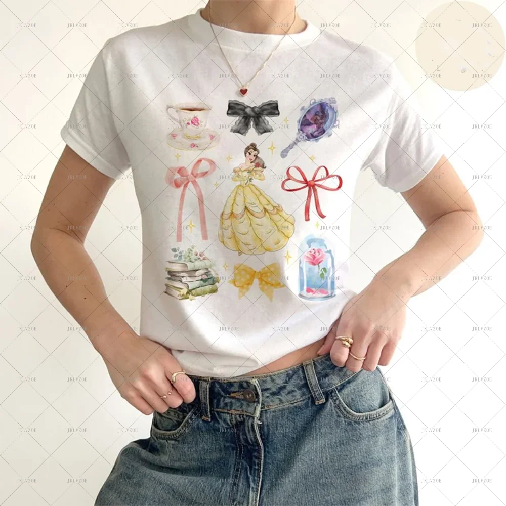 Baby Tee Crop Top Watercolor Coquette Bows Princess Disney Princess Tee Disney Girl Trip Women T-shirt Princess Birthday Gift