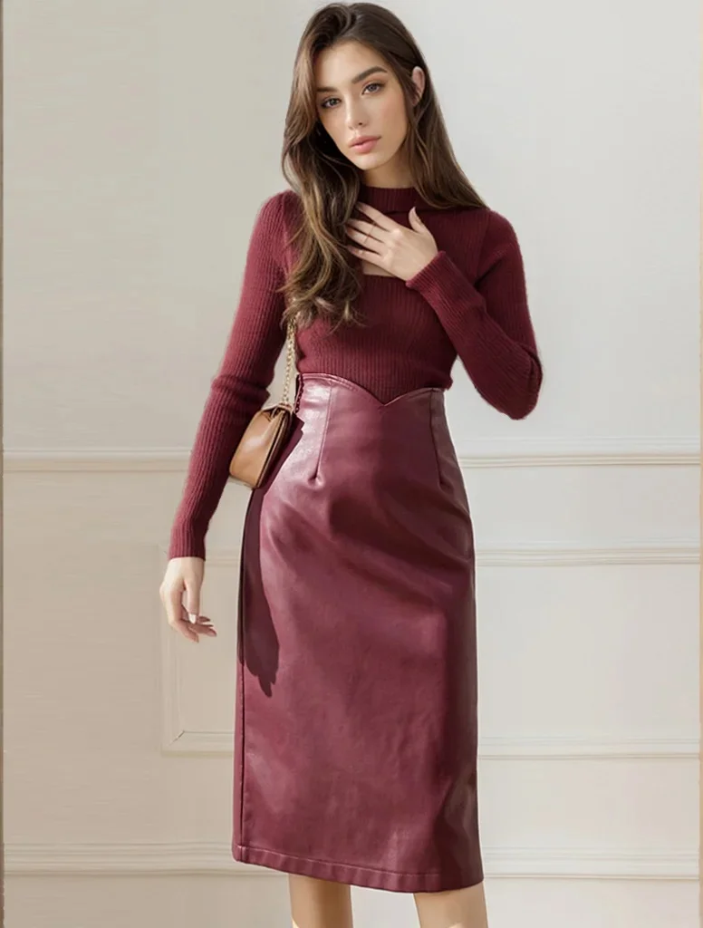 Trend Moda Wysoka talia PU Skórzana Prosta Spódnica Kobieta 2024 Jesień Zima Eleganckie Smukłe Spódnice Do Kolan Kobieta Wino Czerwone — zdjęcie 2
