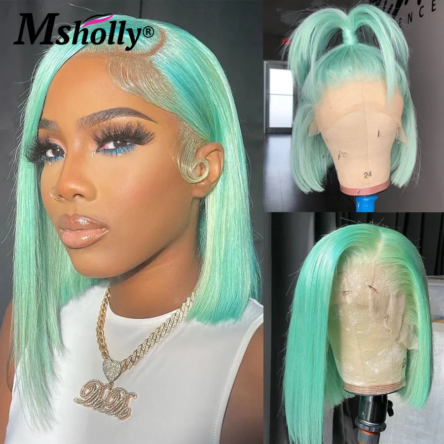 

Light Pink Short Bob Wig 100% Human Hair Mint Green Preplucked 180% Density 13x6 Lace Frontal Wig Natural Hairline Remy Hair Wig