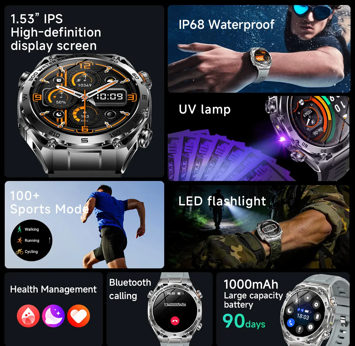 VWAR Smart Watch 1000 mAh Battery Purple Light Flashlight 24H Health Mornitor IP68 Waterproof 100+ Sports Modes Smartwatch Men