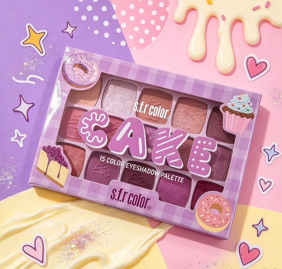 s.f.r color CAKE 15 Color Eyeshadow Palette, Matte & Glitter High Pigmented Eye Shadow, Purple Sweet Cake Themed Makeup Palette for Daily Party Look