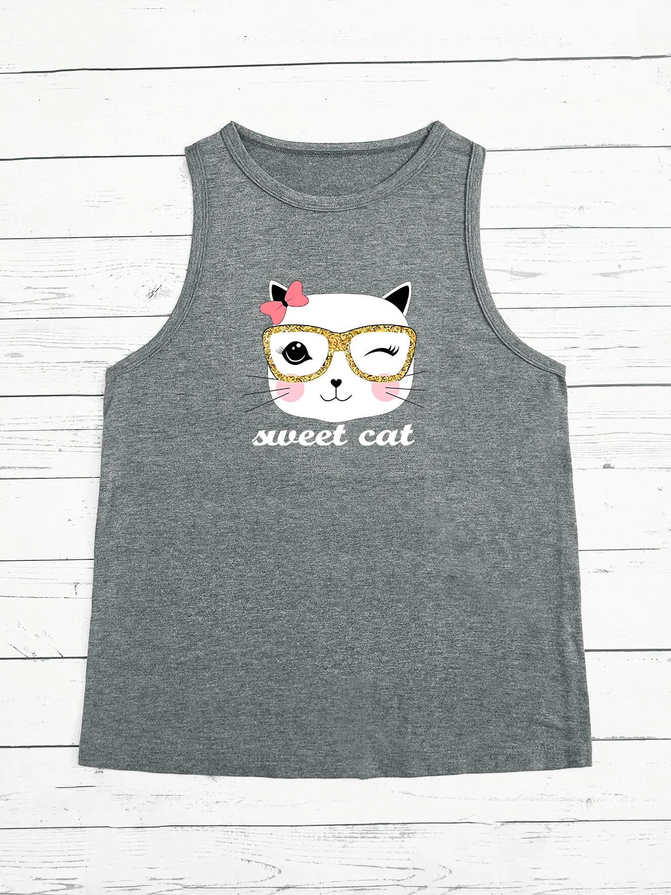 Cute Playful Kitten Wearing Glasses Cat Fashion Funny Sports Women's Tank Top Loose O Neck Sleeveless Casual Tank