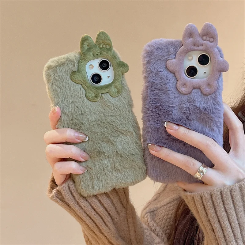 

Cute 3D Rabbit plush phone case for iphone 15promax 12 13pro 11 14promax Fashion solid color furry cartoon fall proof full cover