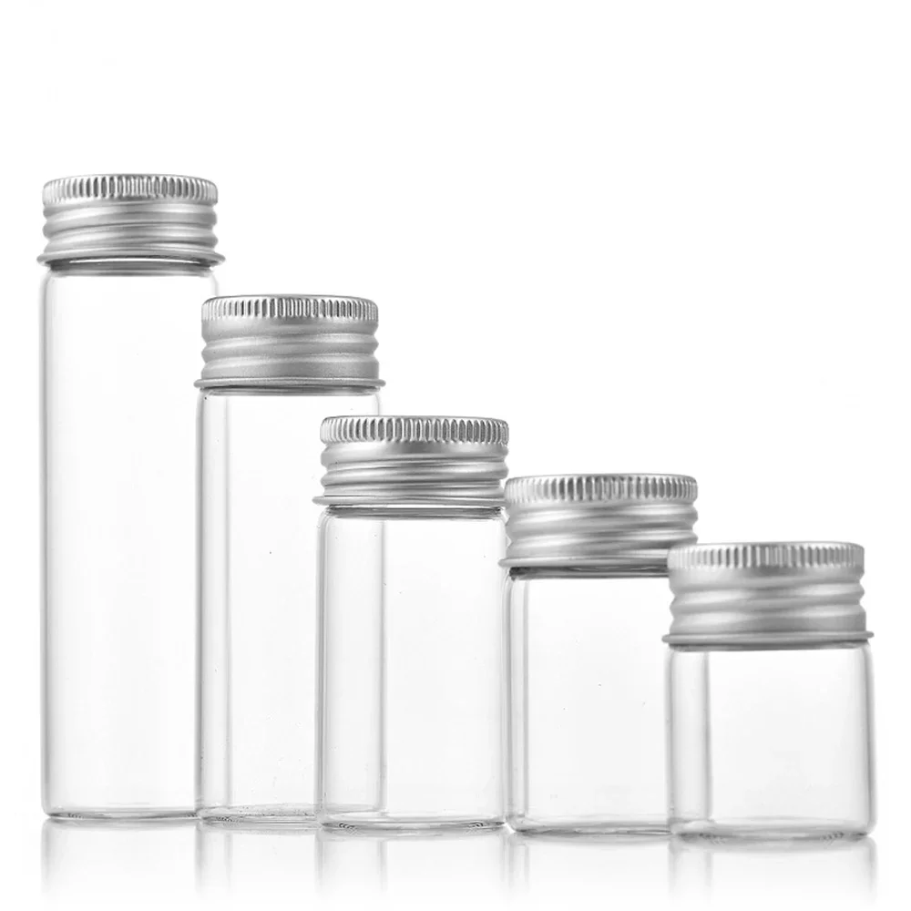 Bouteille de contrôle avec bouchon en aluminium de 10 à 50ml, Mini bouteilles en verre de souhait transparentes, pot d'échantillon vide, flacons de stockage pour artisanat d'art