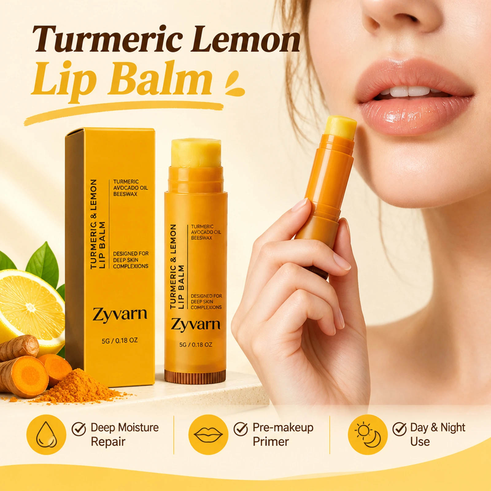 Zyvarn Turmeric Lemon Lip Balm Deep Moisture Brighten Lips Long Lasting Hydration For Daily Night Pre Makeup Use 5g