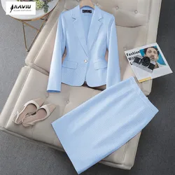NAVIU High Quality Fabric Elegant Styles Suits For Women Blue Temperament Long Sleeve Blazer And Skirt Office Ladies Work Wear