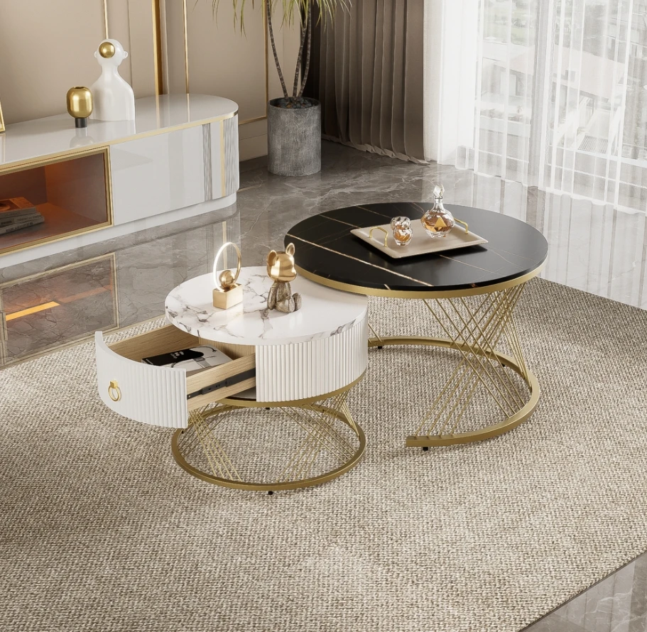 Table basse composable Comanlai, tables d'appoint, table de canapé moderne, aspect marbre, décor doré et espace de rangement pour le salon