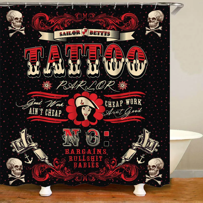 Vintage Punk Style Tattoo Pirate Sailor Bathroom Shower Curtain Set for Bathroom Cool Gun Skull Bath Rugs Halloween Home Decor