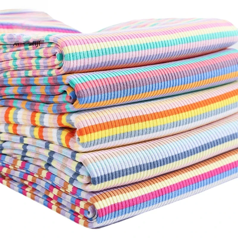 Tissu de manchette en tricot côtelé, 45/90/180cm, coton peigné, tissu extensible rayé arc-en-ciel pour la couture de sweat à capuche, décolleté de manchette, ourlet de Baseball