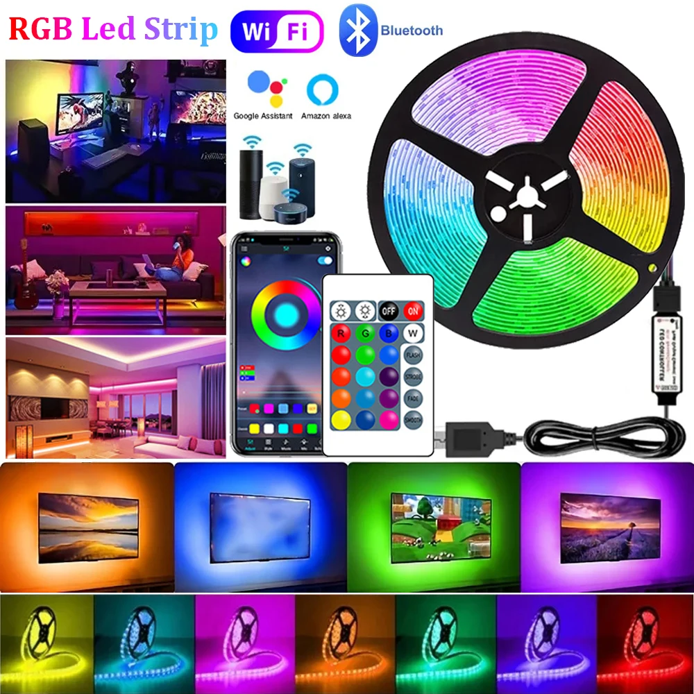 ไฟ LED USB Strip 1-30M เปลี่ยนสี 5050 ไฟ LED RGB WIFI บลูทูธควบคุมโคมไฟแบบยืดหยุ่นเทป TV Backlight ตกแต่งห้อง