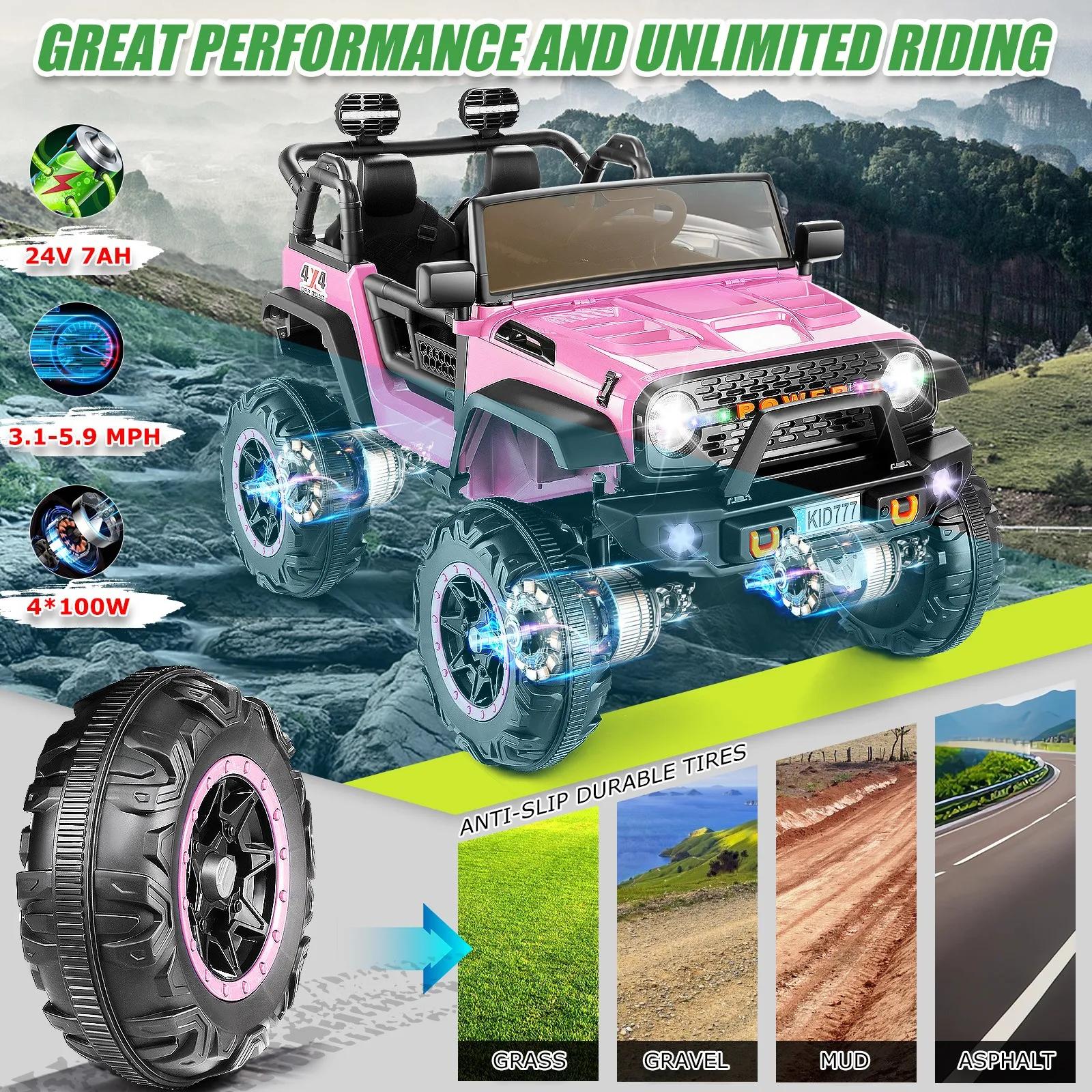 24V 2 posti bambini giro su camion auto elettrica 4WD/2WD commutabile 7AH alimentato a batteria giro su giocattolo con motore 4x100w, 3 velocità,