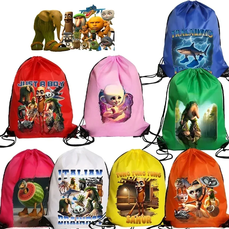 Brainrot italien poches à cordon Tung Tungtung Sahur Bundle sac à bouche enfants sac d'école clé de voiture pendentif jouets d'anniversaire cadeau