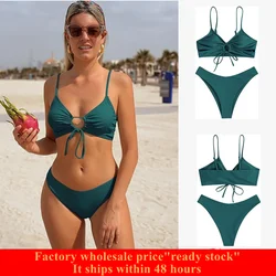 2025 Solid Brazilian Bathing Suit O-ring cut out drawstring chest cami bikini set padded two piece swimsuit swimwear for women