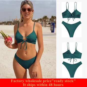 2025 Solider brasilianischer Badeanzug, O-Ring, Ausschnitt, Kordelzug, Brust, Cami-Bikini-Set, gepolsterter zweiteiliger Badeanzug, Badebekleidung für Damen