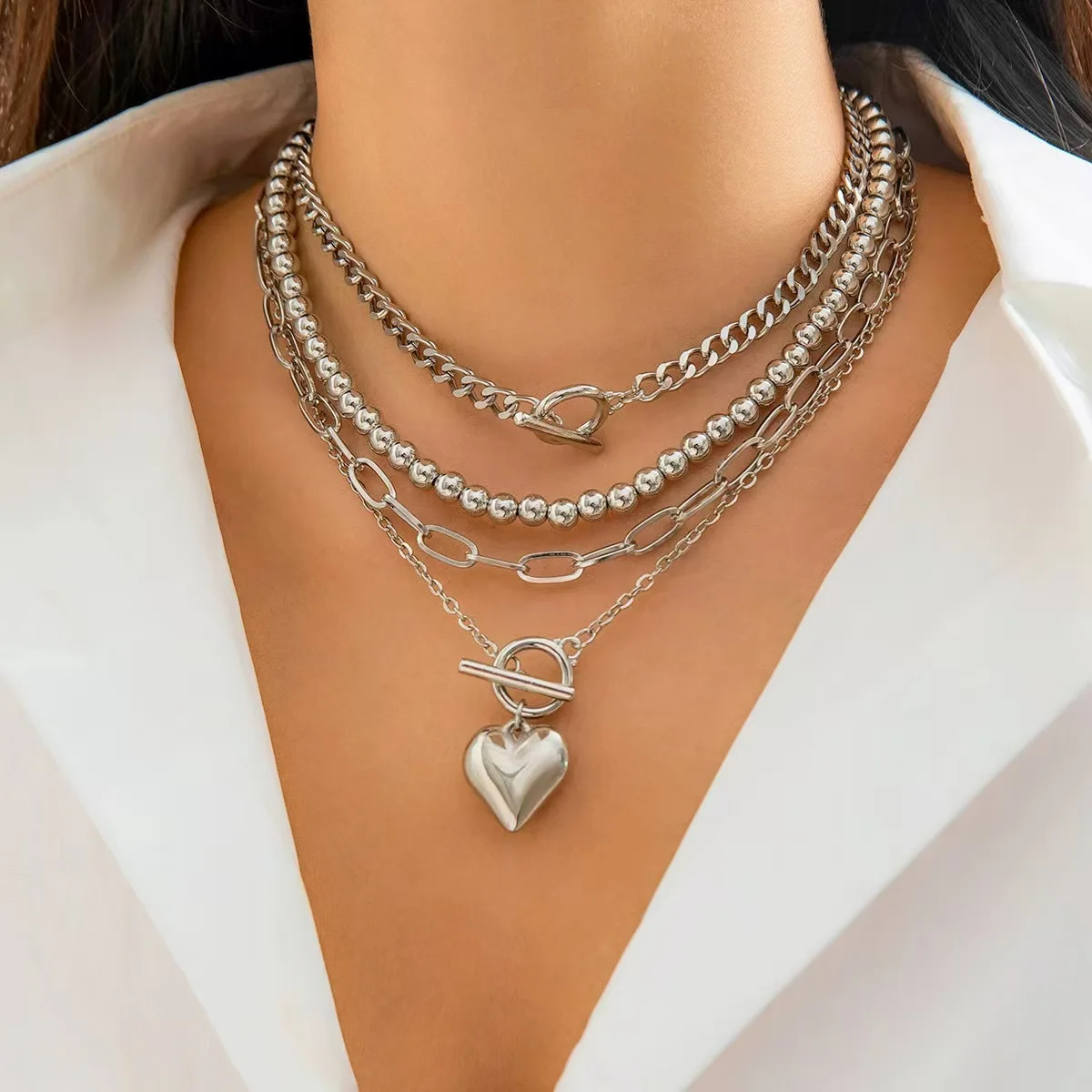 Big Ball Beaded Chain with Dmulti-layer Heart Pendant Necklace for Women Trendy Ladies Beades Collar on Neck Accessories Gift image 2