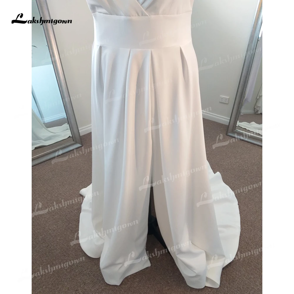 Simple Split V Neck Short Cap Sleeve Backless Belt Pleat Satin A Line Wedding Dress For Women Sexy Bride Gown Sweep Robe Vestido