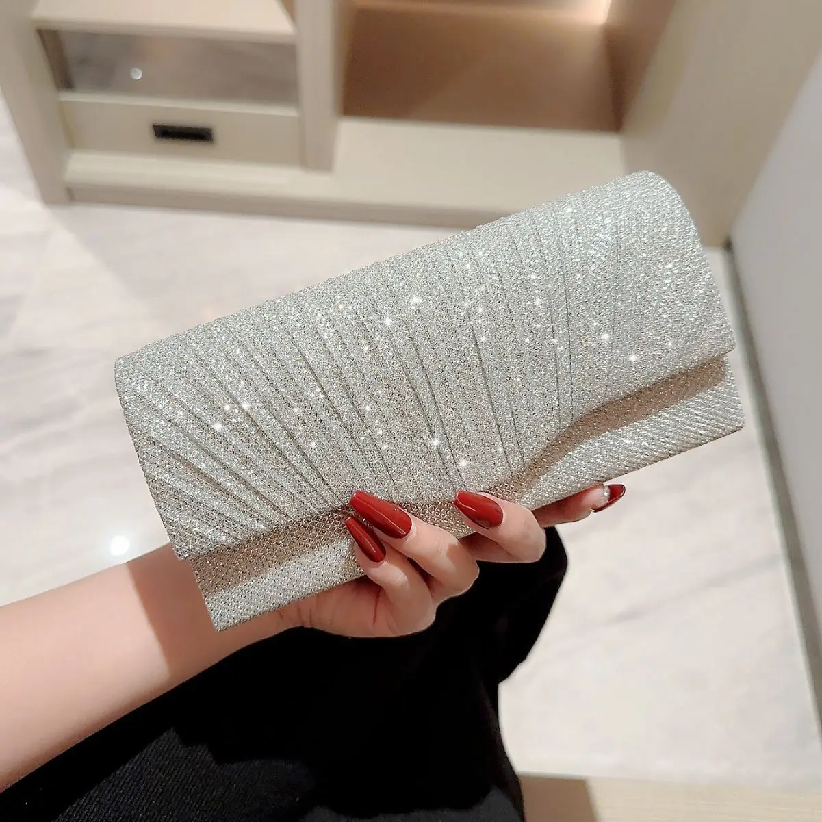 Women Lady Female Silver Evening Dinner Clutch Shimmering Elegant Bag Shoulderbag Handbag Glitter Purse Party Coctail Wedding