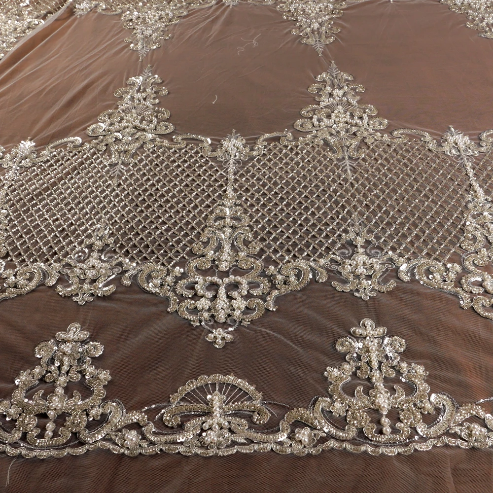 

HelluyerDC Silver&ivory net patterns beading lace fabric,125cm width lace for fashion,wedding,evening,dance gown by the yard