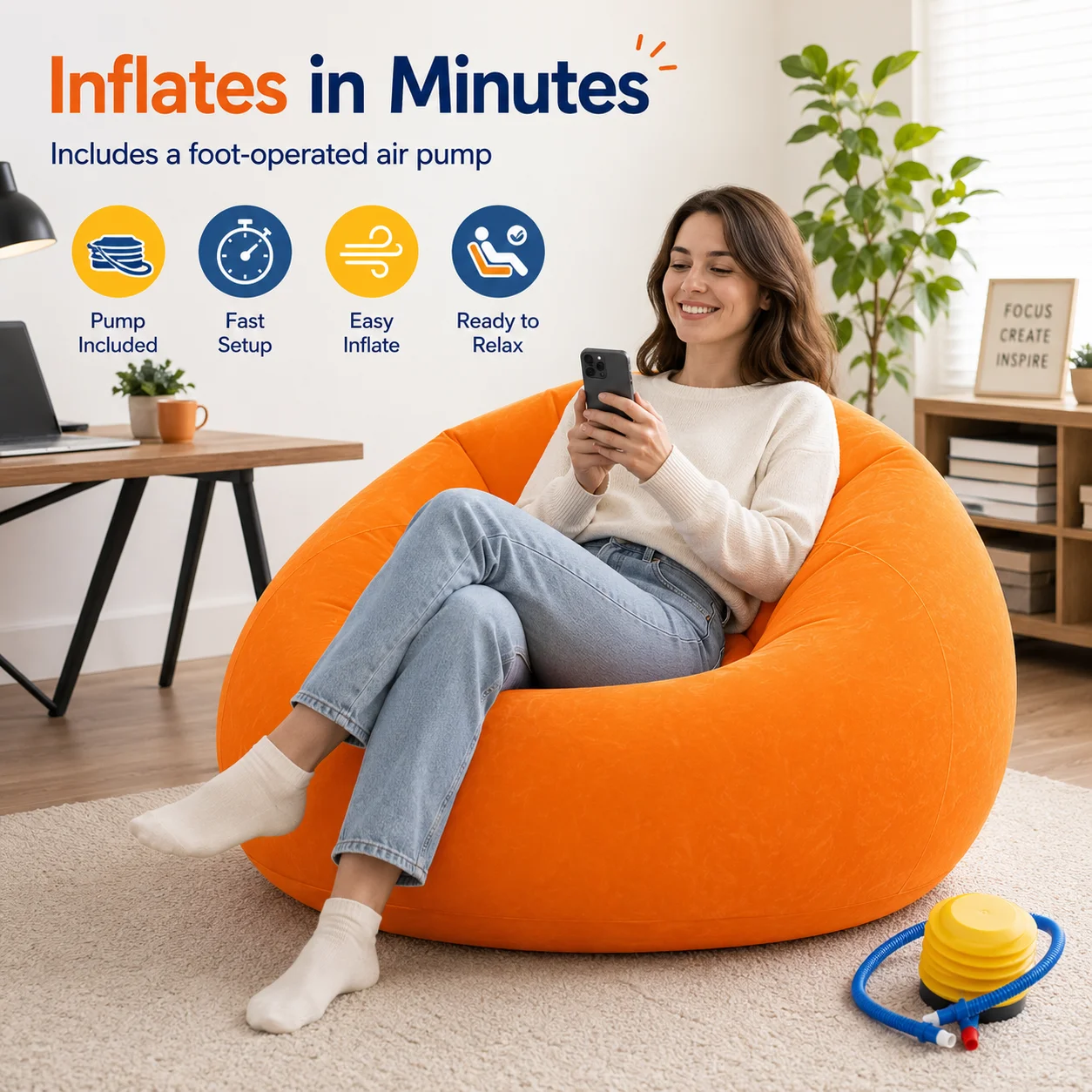 1PC Inflatable Bean Bag Chair, Lazy Sofa Air Lounge Seat with Foot Pump, Portable Flocked Floor Couch for Living Room Bedroom image 4