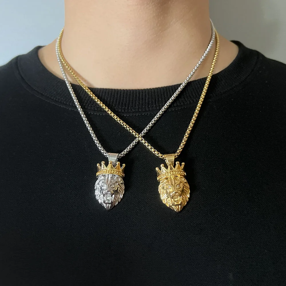 ULJ Animal Lion Head Shape Stainless Steel Pendant Necklace Men's Fashion Crystal Inlaid  Hip Hop Jewelry