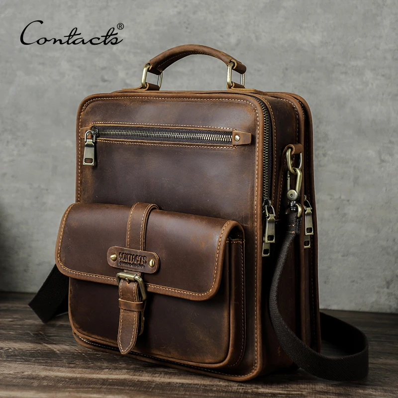 CONTACT'S Crazy Horse Leather Men Shoulder Bag for 12.9'' iPad Vintage Tote Handbag Luxury Travel Male Crossbody Messenger Bag