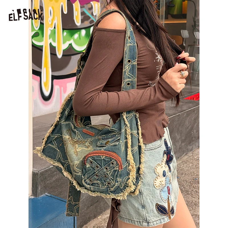 

ELFSACK Y2K Vintage Denim Crossbody Bag with Star Print, Frayed Grunge Shoulder Bag for Women, Retro Streetwear Tote Handbag