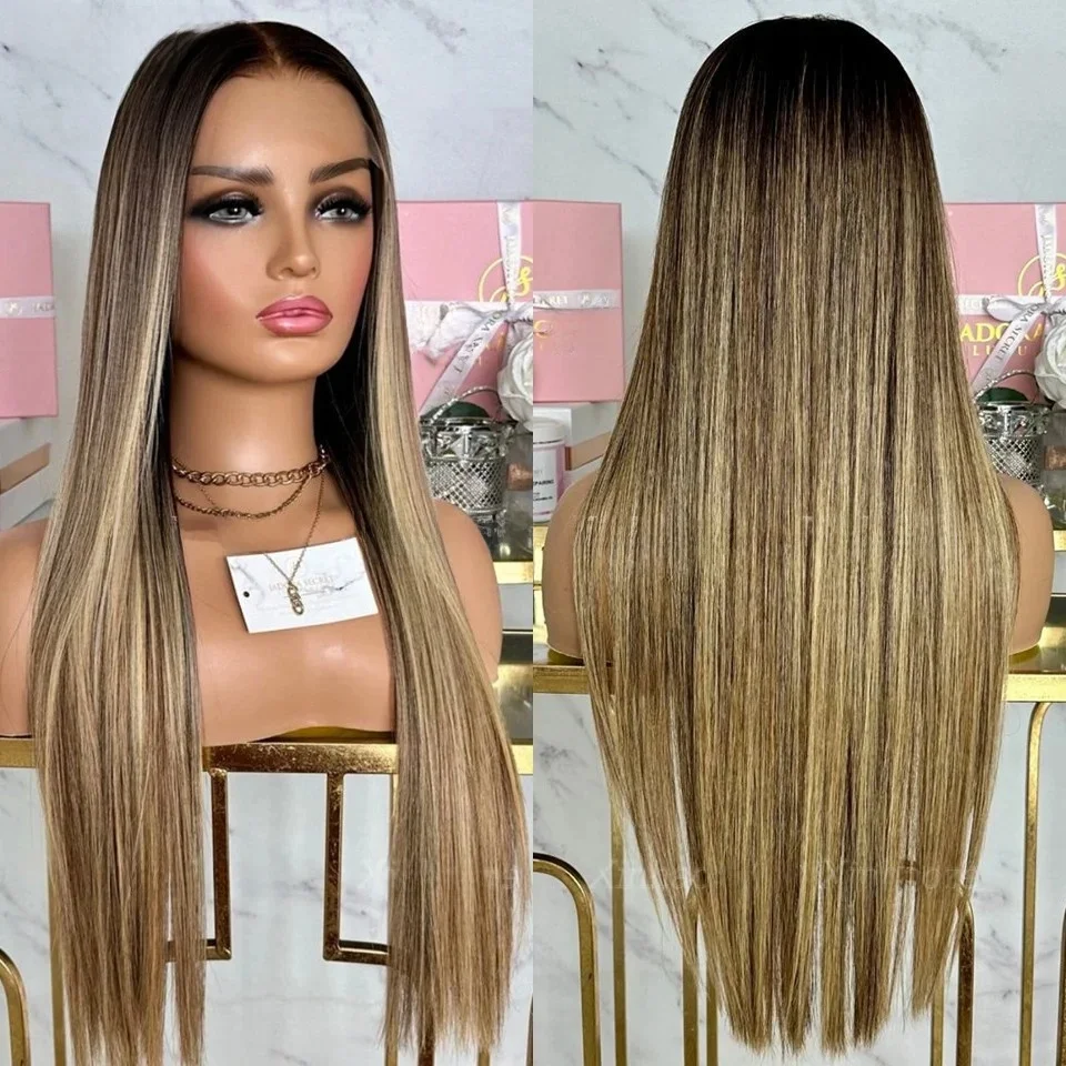 Balayaga Bruin Blond Hoogtepunt Menselijk Haar Zijden Top Pruiken Braziliaanse Gebleekte Knopen Lijmloze 13x6/360 Kant Frontale Menselijk Haar Pruiken - afbeelding 2