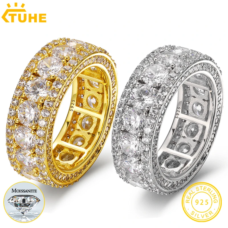 Top Quality 4mm 0.3ct Moissanite Rings For Men Hip Hop Jewelry Sterling Silver 925 Bling Gold Plated 18K White