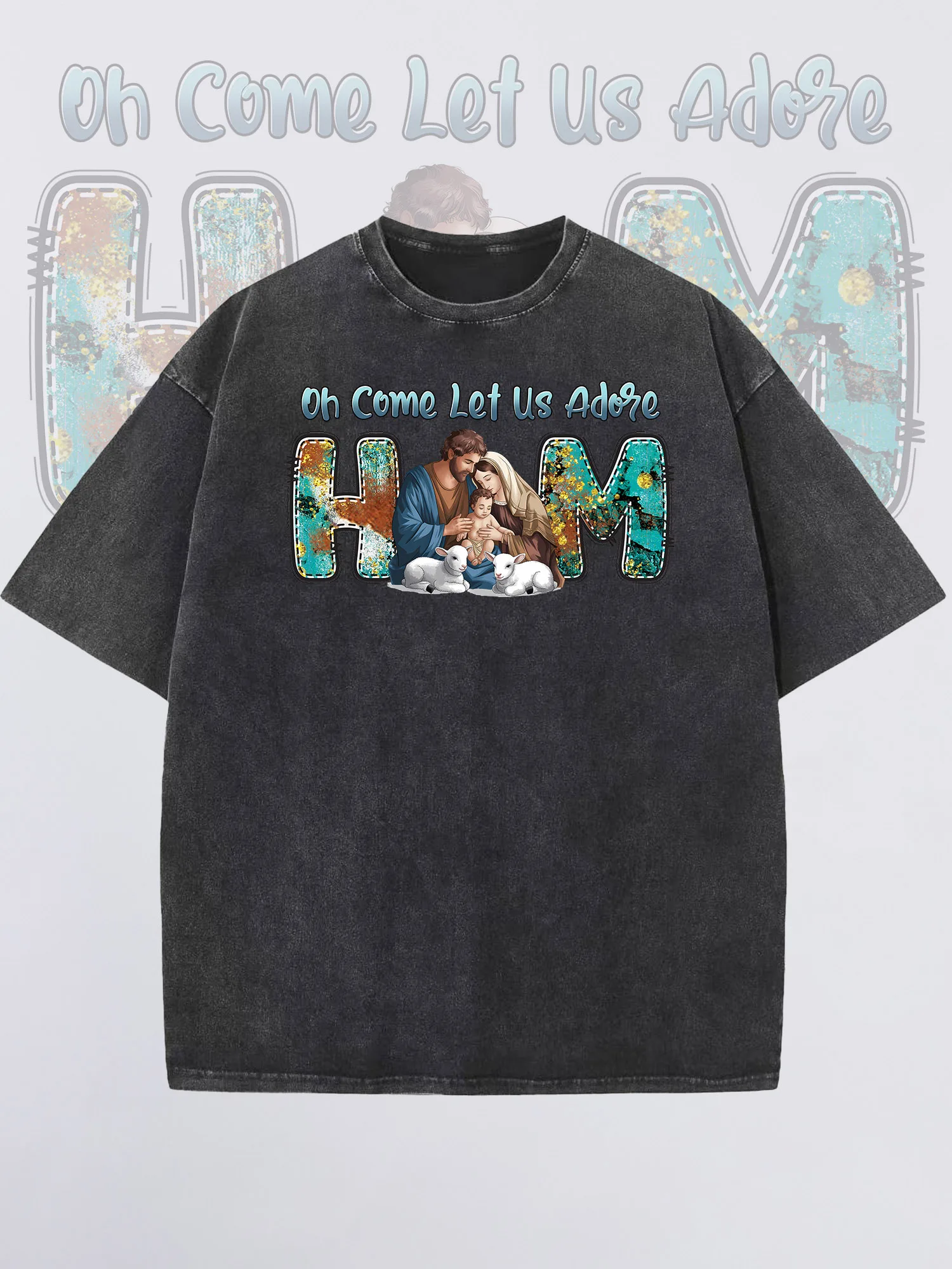 

Men's T-Shirts HIM Printed Black Short-Sleeved Round Neck Loose Summer 100% Cotton Acid-Washed Finish Christmas