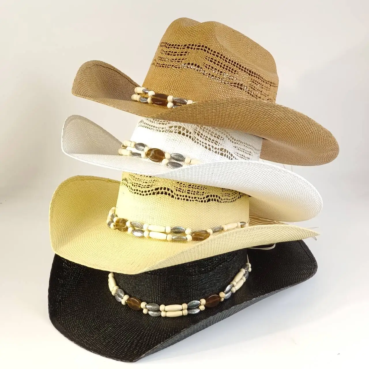 Black straw cowboy hat with beaded strap, unisex wide-brimmed sun hat, summer beach cowboy hat/party hat.