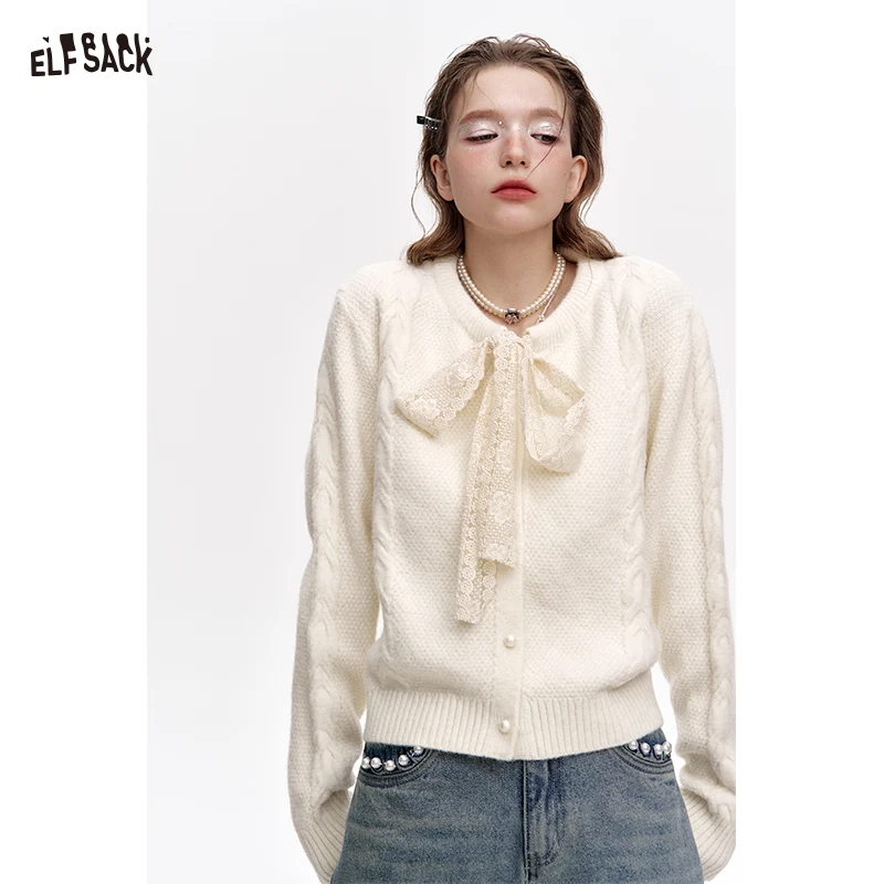 ELFSACK 2024 Winter New Arrivals Sweet Lace Bow Knitted Cardigan Sweater Women