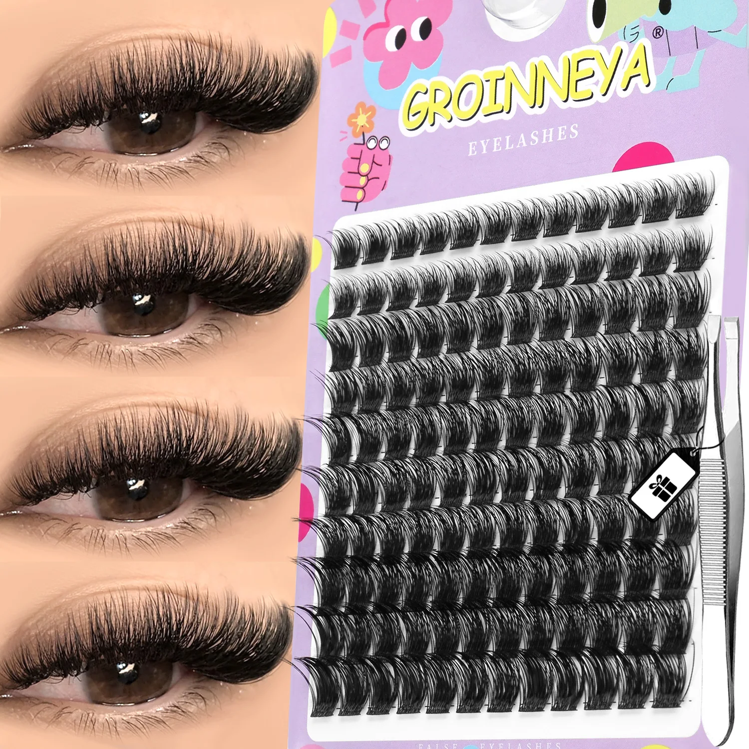 GROINNEYA DIY Wimperncluster für einzelne Wimpern, voluminös und langlebig ​   Wimpernverlängerungen, natürlich aussehende künstliche Wimpern