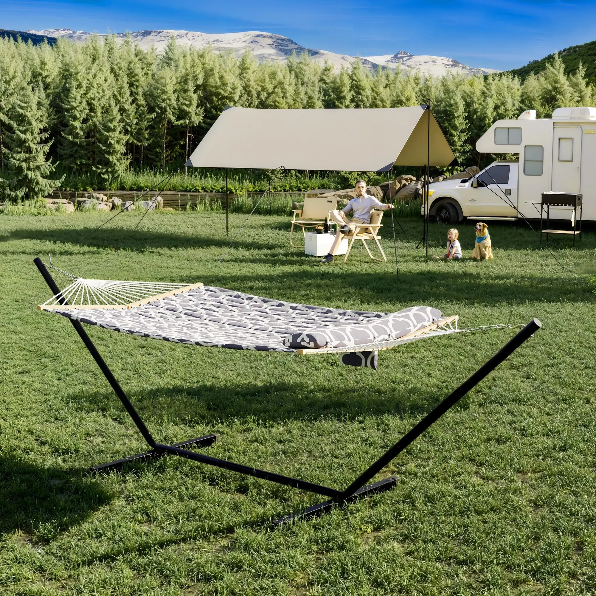 Hamac avec support, double pour 2 personnes, capacité de charge jusqu'à 200 kg, XXL, adapté à l'intérieur et à l'extérieur, jardin, balcon et piscine, incl. Coussin et sac de transport, gris clair, aspect structuré