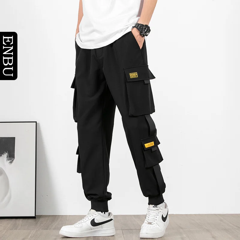 Men's Cargo Pants Casual Hip Hop Hit Color Multiple Pockets Trousers Streetwear Ribbons Techwear Sweatpants Boys
