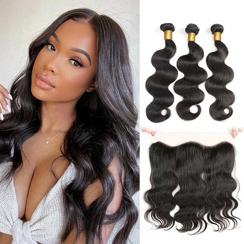 3 Bundles With Frontal Body Wave razilian Virgin Human Hair 3 Bundles with 13x4 HD Transparent Lace Frontal Hair Extensions Wave