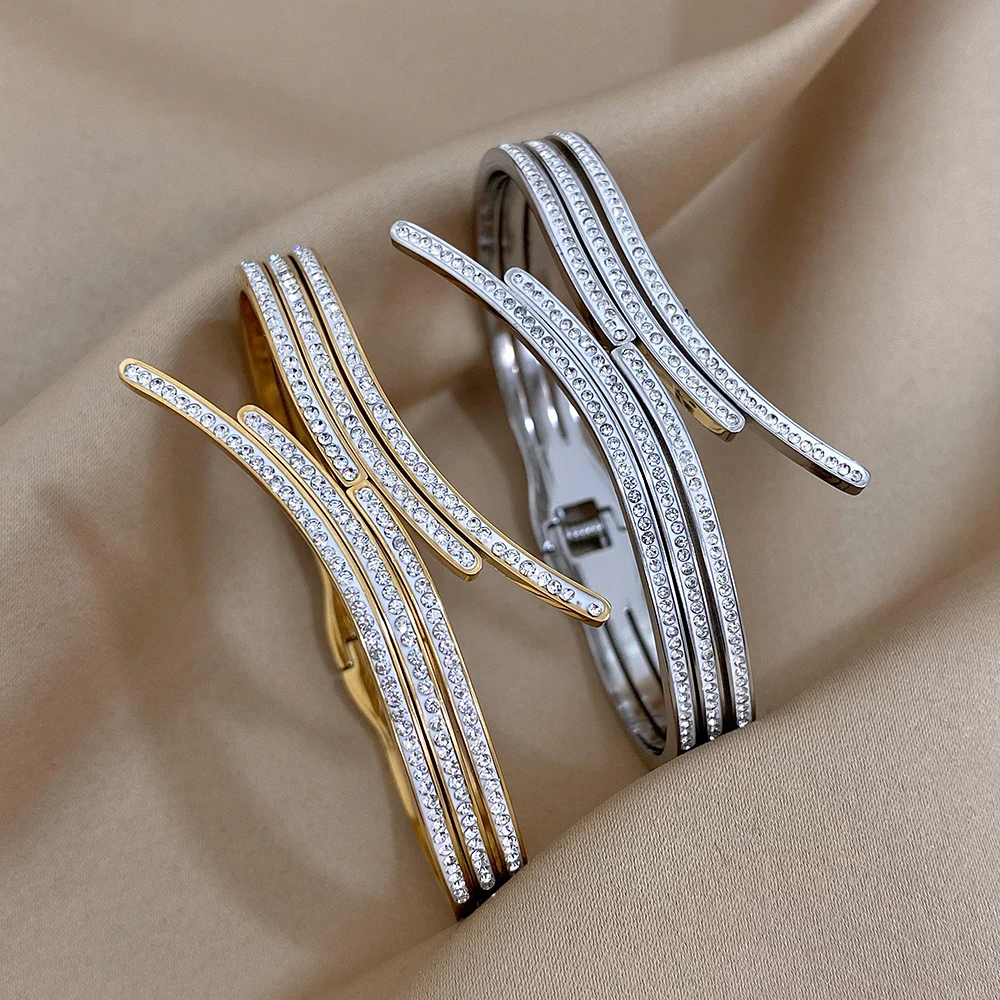 Volle Strass Gekreuzte Edelstahl Manschette Armband für Frauen Männer Unregelmäßige Geometrische Gold Silber Farbe Armreifen Schmuck Geschenke