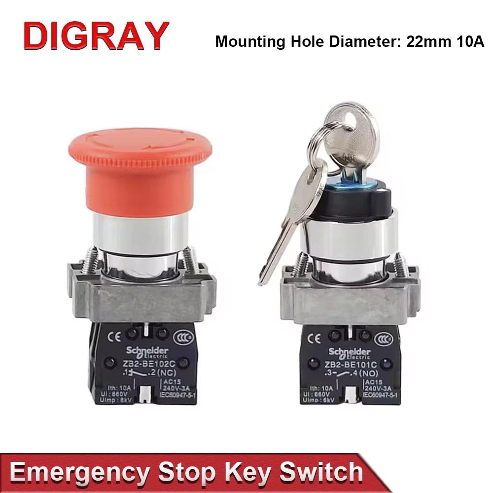 DIGRAY Emergency Stop Button NC Key Switch NO AC15 10A for CO2 Laser Engraving Cutting Machine & Fiber Marking Machine.