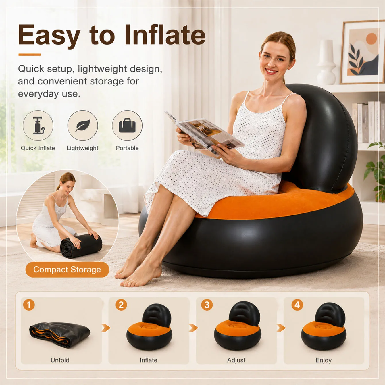 1PC Inflatable Sofa Chair Air Lounge Bean Bag Backrest Waterproof PVC Ergonomic Seat Portable Indoor Outdoor Quick Inflate