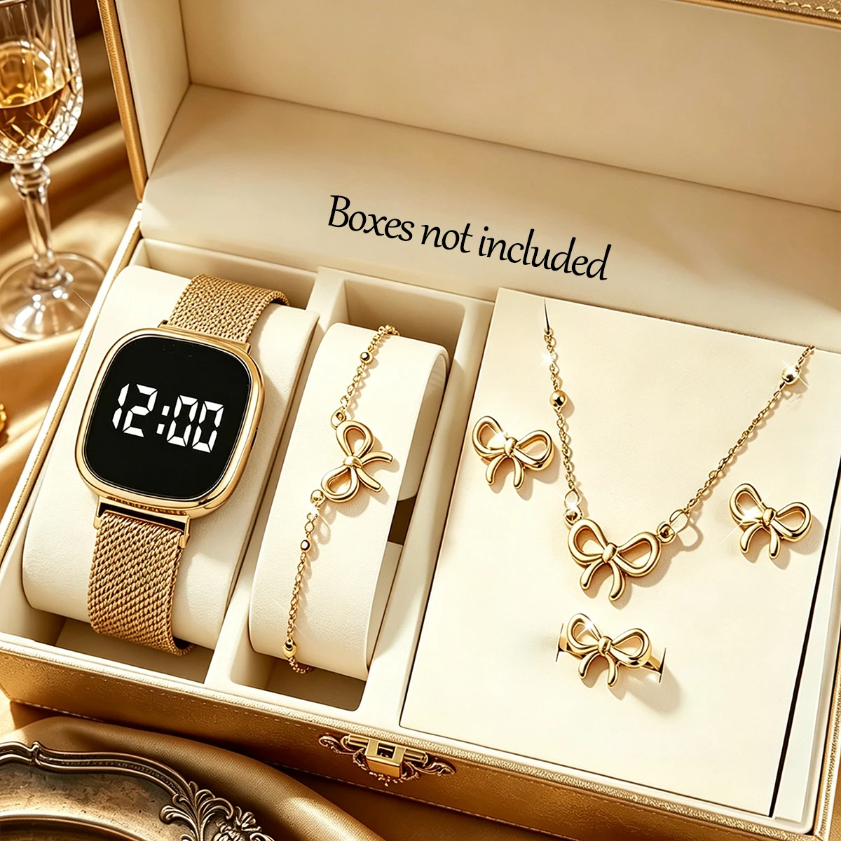 6-Piece Set, Women's Elegant Square Touch Screen Electronic Watch Paired with a Matching Color Bow Bracelet, Earrings, Necklace, and Ring Set, Suitable for Wearing at Banquets, Parties, and Outings, a Fashionable and Romantic Holiday Gift.