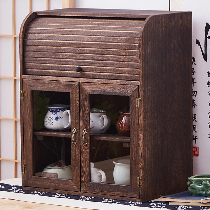 Solid wood kitchen tea utensils tableware organizer shelf storage teapot rack desktop dust tea roll-up door storage tea cabinet