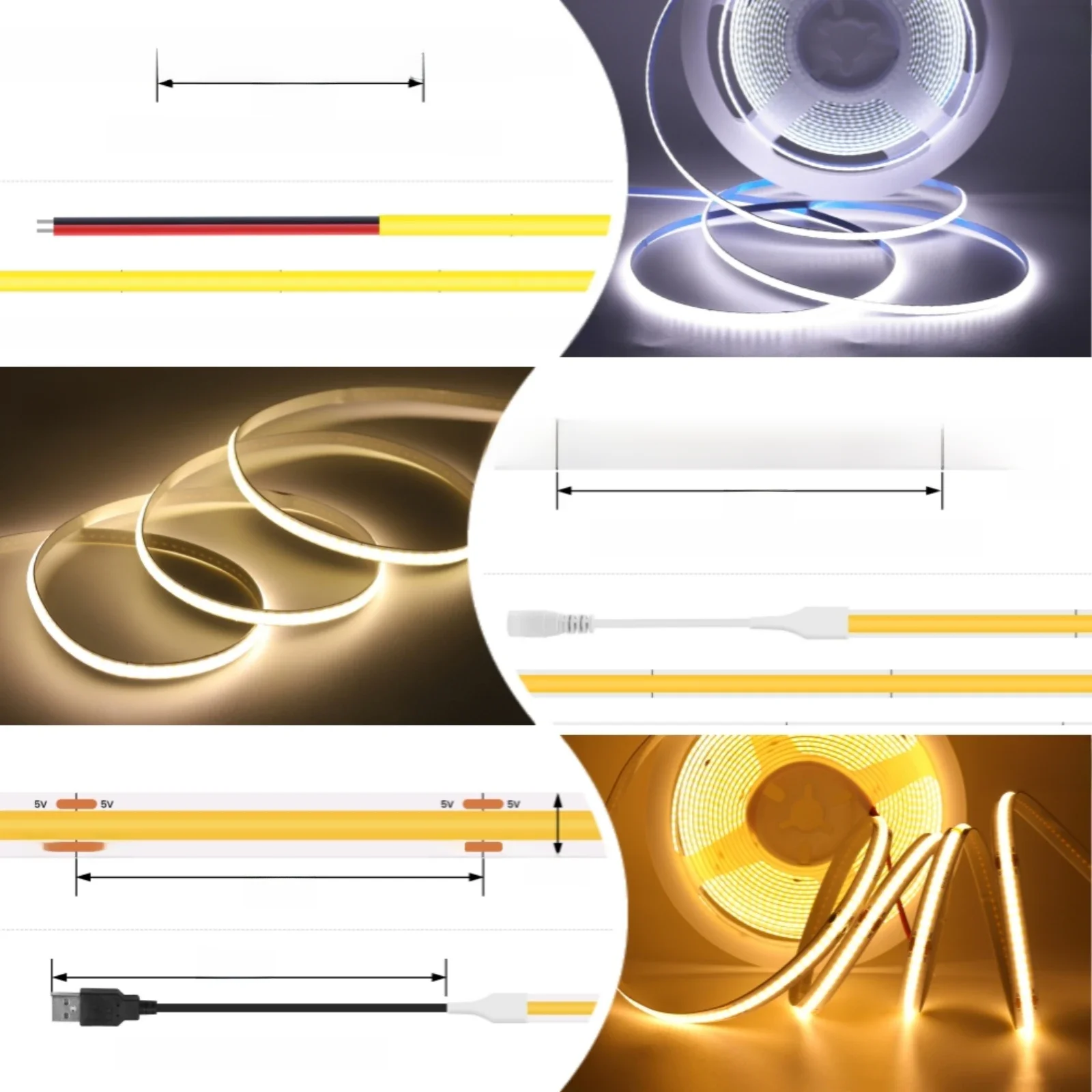 5V 320LEDs/m światło pasek COB LED 3mm 5mm 8mm Ultra cienkie RA90 wysoka jasna elastyczna lampa taśma LED oświetlenie liniowe domowa — zdjęcie 2