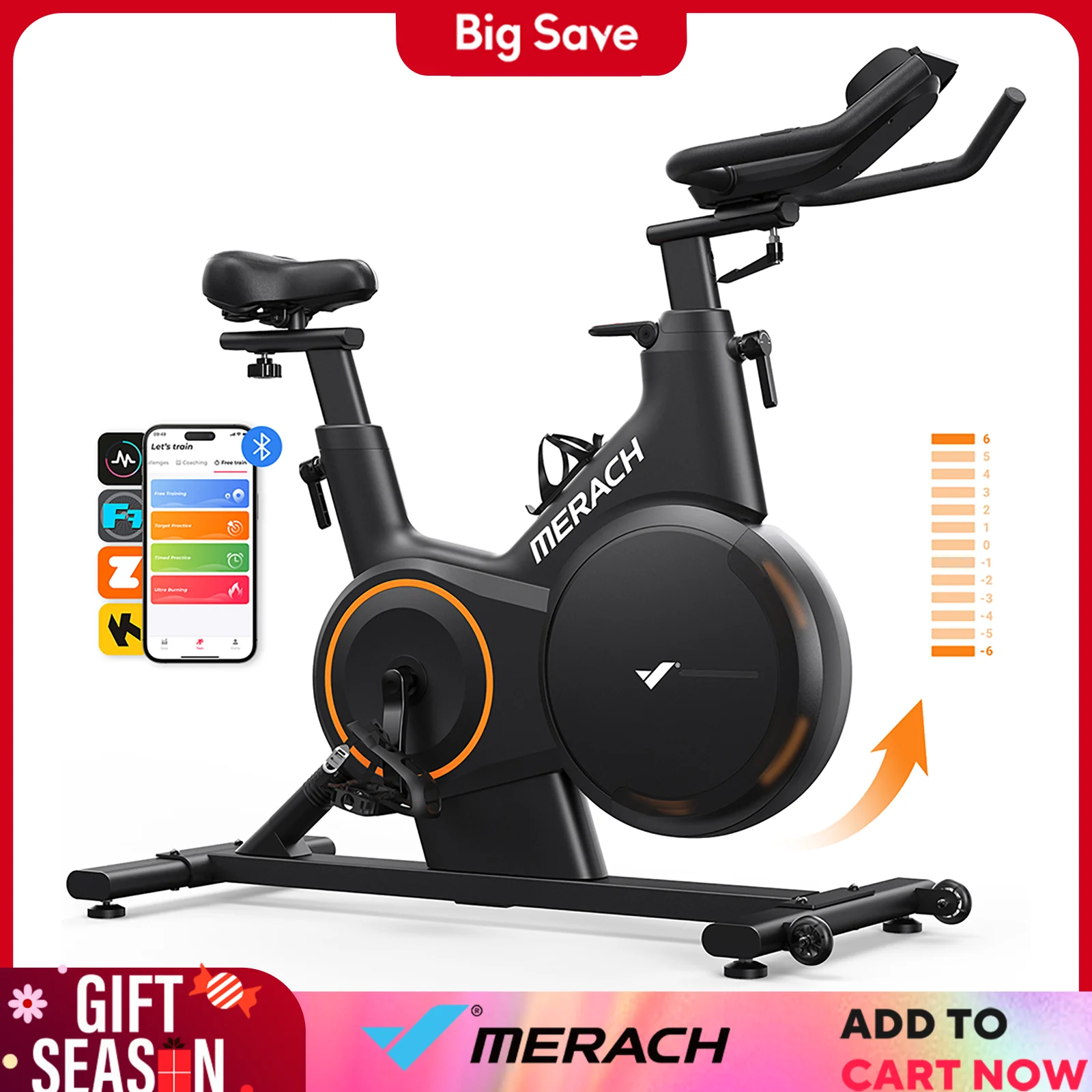 MERACH Exercise Bike Smart Magnetic Stationary Bike Indoor Cycling Adjustable Incline ±6° Grade Level Capacity Home Weight Loss