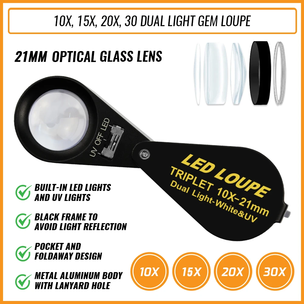 10x 15x 20x 30x 21mm Optic Glass Loupe 6 LED and UV Magnifier Jeweler Black Frame Foldaway Triplet Lens Magnifying Gem Loupe