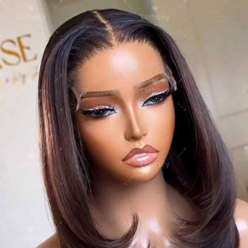 تسليط الضوء على مستقيم قصير بوب براون الباروكات شعر الإنسان 100% شعر الإنسان قبل قطعها 5x5 الحرير قاعدة الدانتيل إغلاق شعر مستعار للنساء