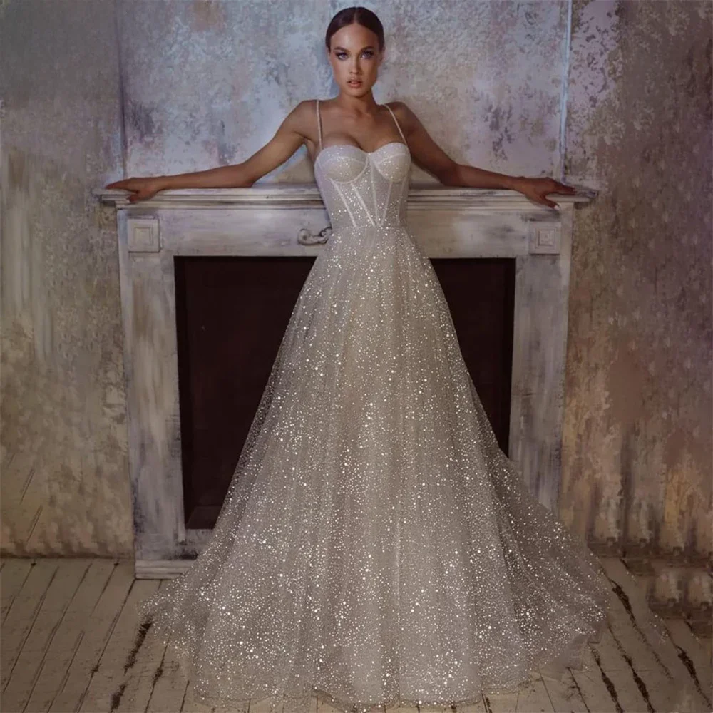 Błyszczące suknie ślubne Sweetheart Princess brokatowy tiul seksowna suknia ślubna paski Spaghetti Boho suknie panny młodej Vestidos de novia — zdjęcie 2